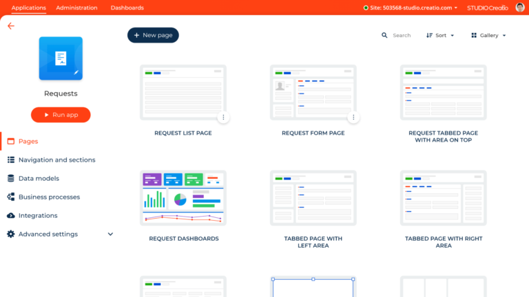 No-code development platform interface showing application pages, dashboards, data models, and business process configuration tools