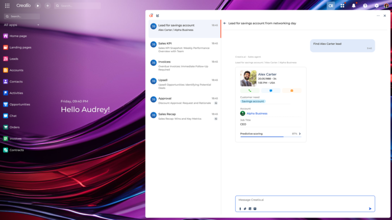Creatio CRM dashboard with no-code workflow automation and AI-powered customer management