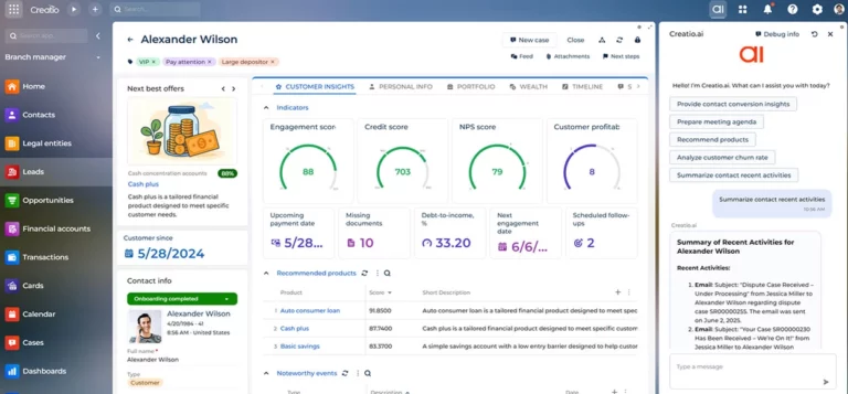 AI-powered financial services CRM dashboard in Creatio