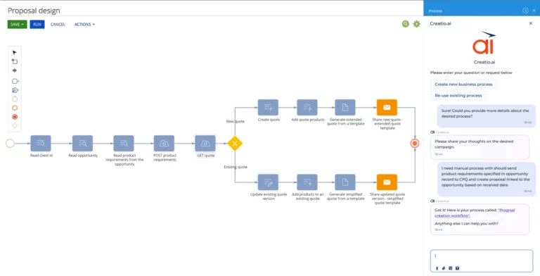 Business process management interface showing visual workflow automation and AI assistant