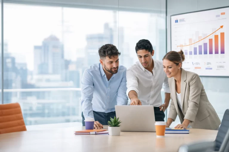 A professional team analyzing performance charts on a laptop and wall screen, illustrating the practical benefits of a mature CRM strategy