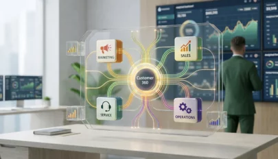 A 3D digital visualization of the "Customer 360" concept, connecting Marketing, Sales, Service, and Operations modules in a modern office setting