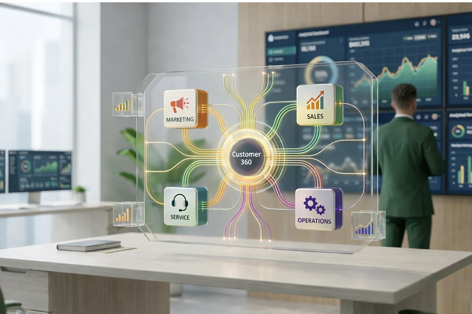 A 3D digital visualization of the "Customer 360" concept, connecting Marketing, Sales, Service, and Operations modules in a modern office setting