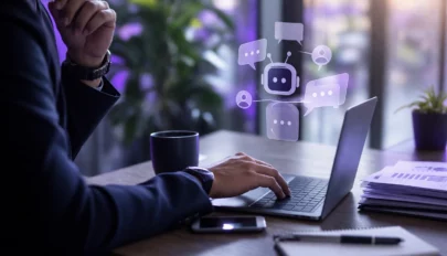 Business professional using a laptop with AI chatbot interface and analytics