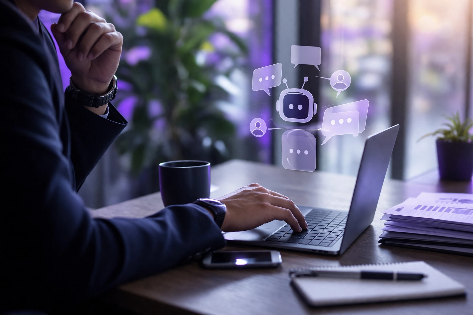 Business professional using a laptop with AI chatbot interface and analytics