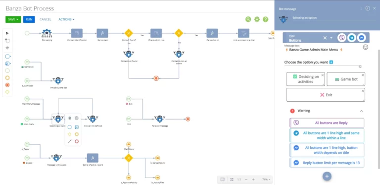 No-code chatbot builder interface with visual workflow and message configuration panel