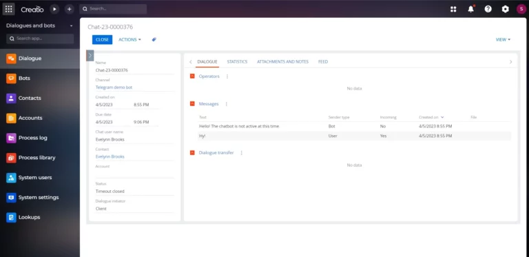 CRM interface showing chatbot conversation history and agent handover details