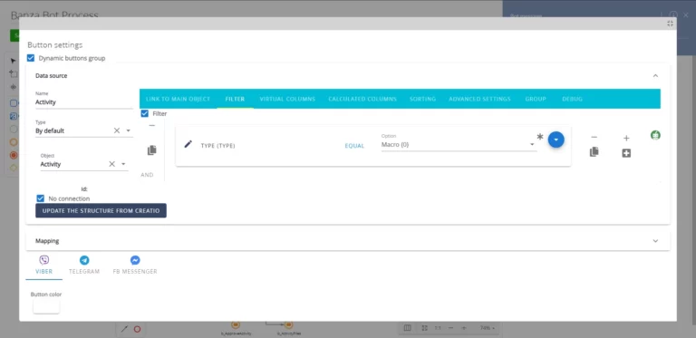 Chatbot builder interface with data filtering and dynamic button configuration settings