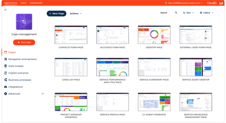 No-code application and workflow builder interface in Creatio Studio