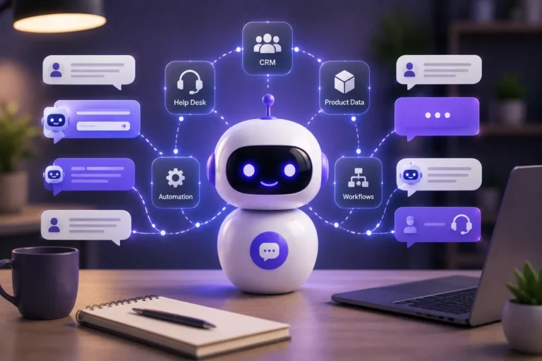 AI chatbot connected to CRM, workflows, automation, and customer support systems in a modern business workspace