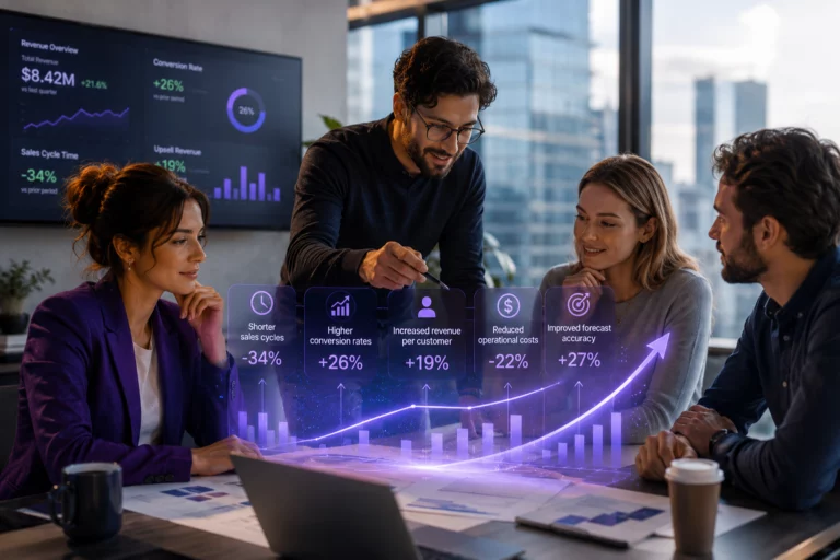 Enterprise team reviewing AI CRM dashboards with predictive analytics, revenue growth metrics, and workflow automation insights in a modern office setting
