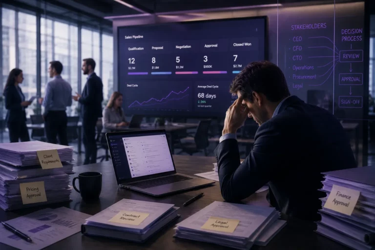Business team using a B2B sales portal dashboard to manage approvals, stakeholders, and complex sales workflows