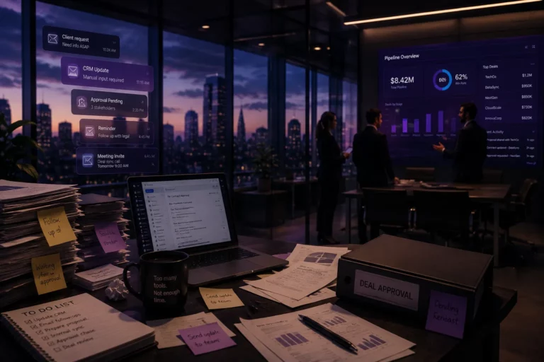 B2B sales workspace comparing traditional sales processes with a centralized portal system for automation, approvals, and real-time deal management