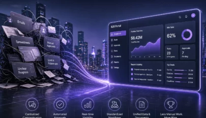 Futuristic B2B portal dashboard visualizing automated sales workflows, approvals, analytics, and real-time business process management