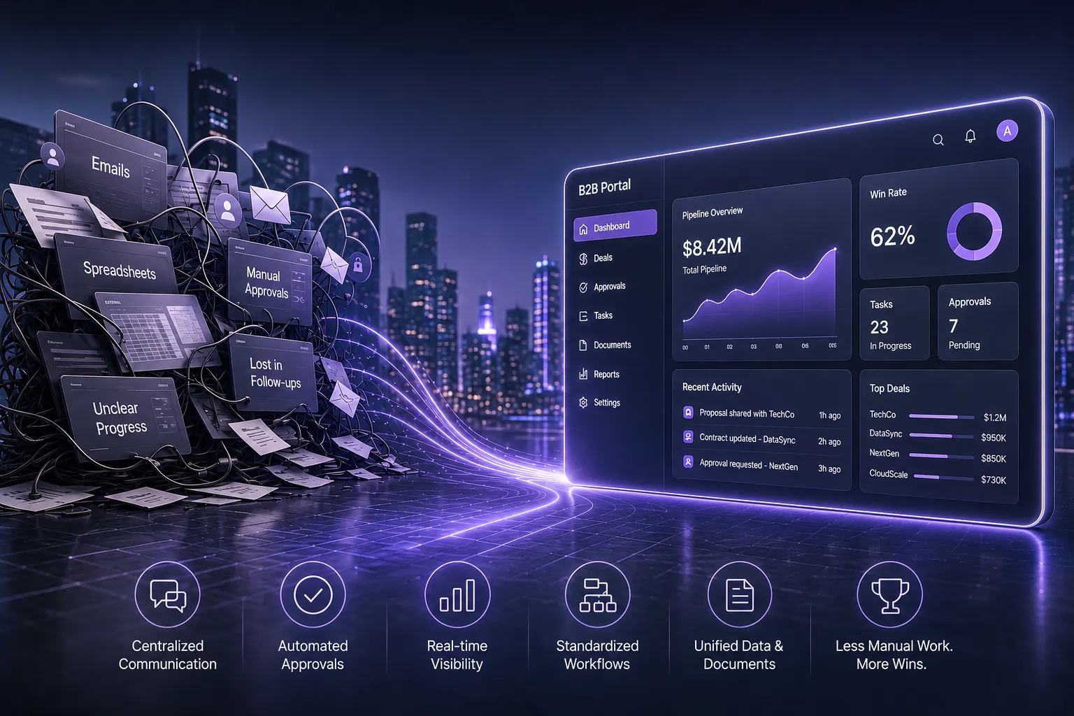 Futuristic B2B portal dashboard visualizing automated sales workflows, approvals, analytics, and real-time business process management