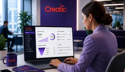 Business professional working with AI CRM software for sales automation, customer insights, and workflow orchestration in a modern office environment