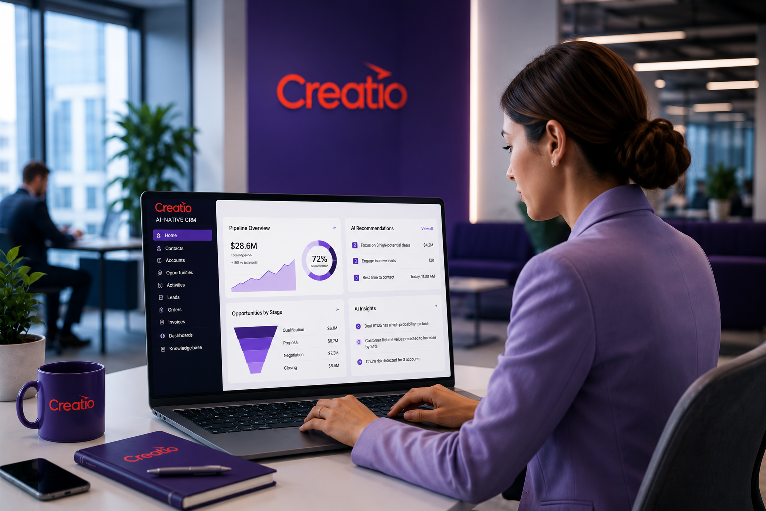 Business professional working with AI CRM software for sales automation, customer insights, and workflow orchestration in a modern office environment