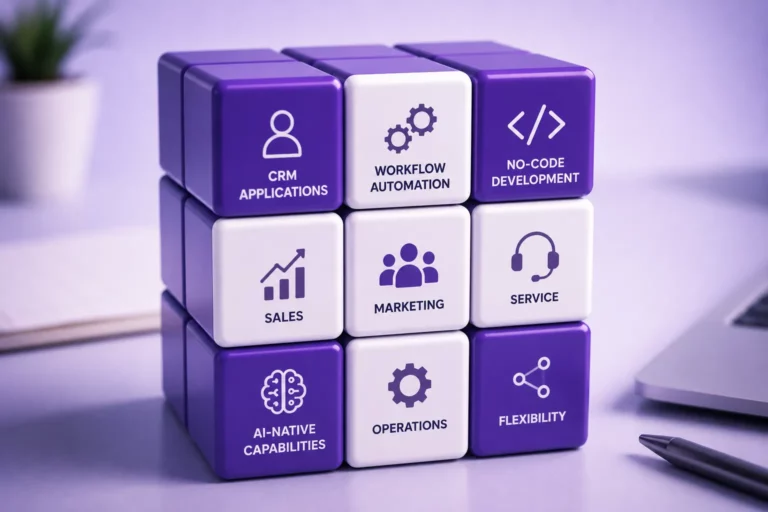 Creatio platform concept with workflow automation, CRM applications, no-code development, AI-native capabilities, and business operations modules