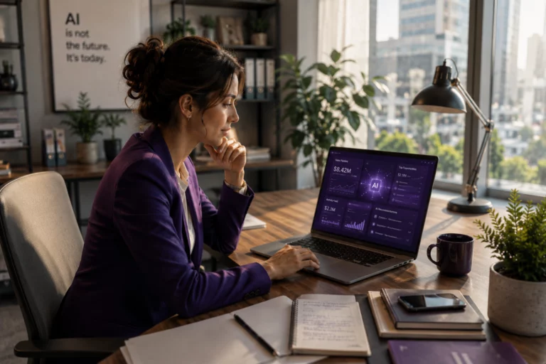 Enterprise workspace with AI-powered CRM dashboard showing automation tools, predictive analytics, and customer intelligence in a modern office setting