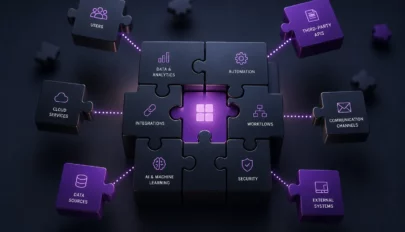 Modular enterprise portal architecture connecting HR, analytics, automation, security, AI, and external systems through integrated workflows