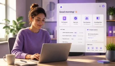 Employee using a modern employee portal dashboard to manage workflows, tasks, and internal business operations