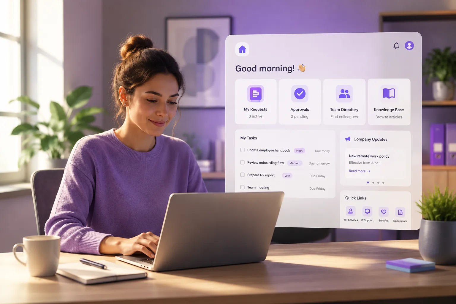 Працівниця використовує сучасний employee portal для управління workflow, задачами та внутрішніми бізнес-операціями