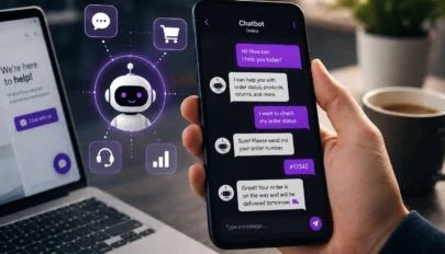 Smartphone with AI chatbot conversation interface connected to ecommerce, analytics, and customer support features