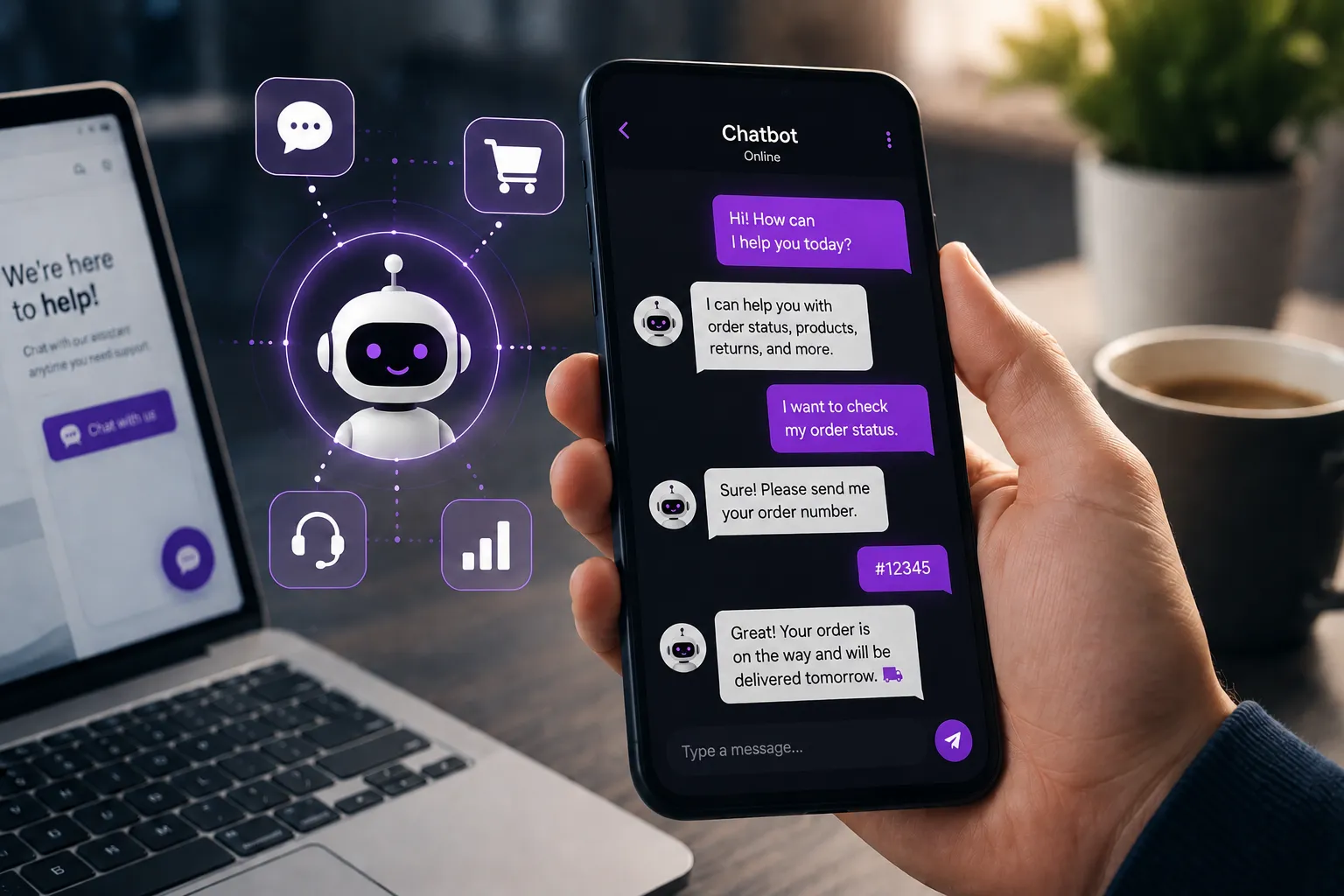 Smartphone with AI chatbot conversation interface connected to ecommerce, analytics, and customer support features