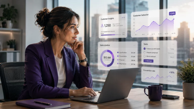 Modern AI CRM dashboard showing customer analytics, sales pipeline tracking, and real-time automation insights in a professional workspace