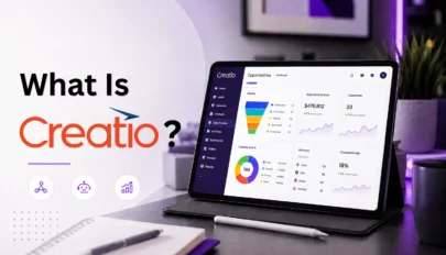 Laptop displaying the Creatio CRM and no-code automation platform dashboard in a modern workspace