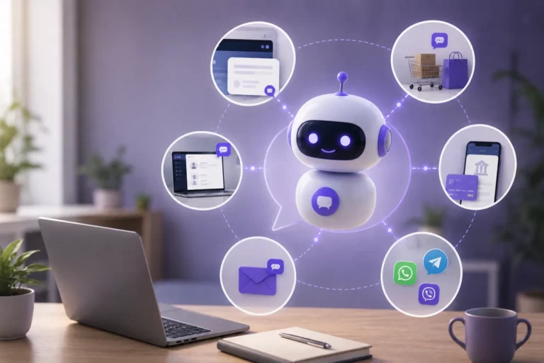 AI chatbot connected to website support, ecommerce, banking, messaging apps, and customer service channels