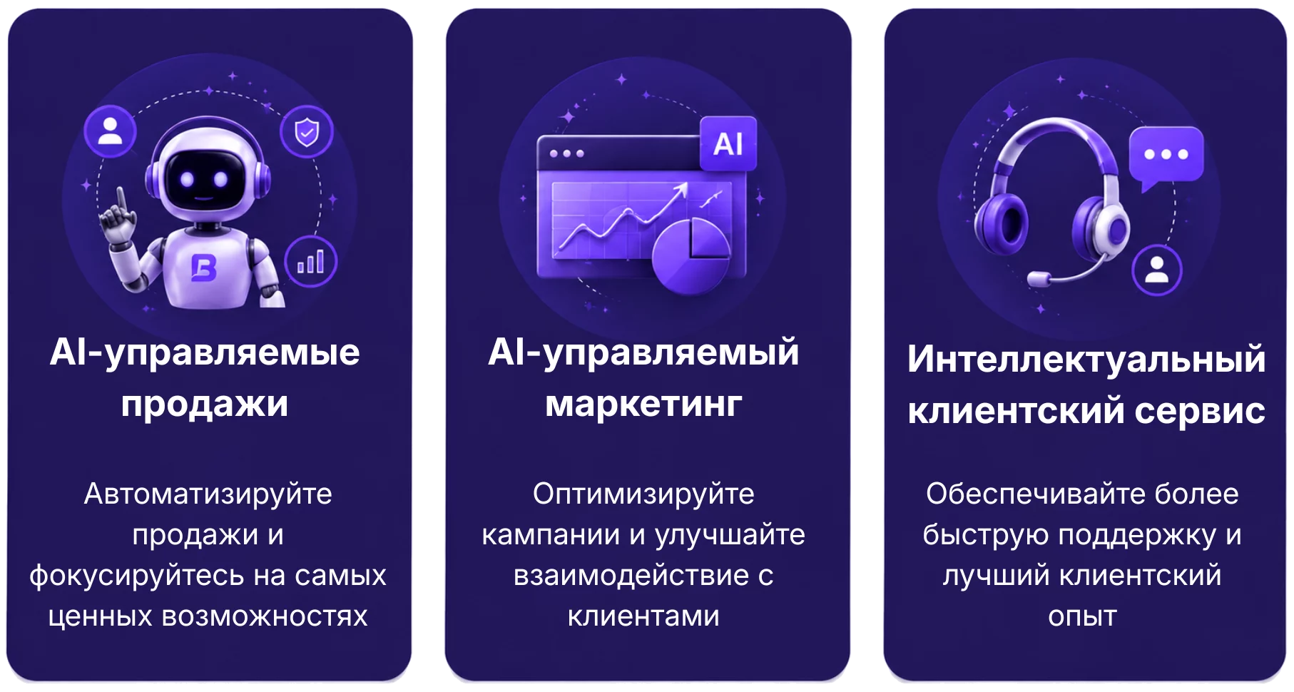 Иллюстрация AI-управляемых продаж, автоматизации маркетинга и интеллектуального клиентского сервиса для предприятий