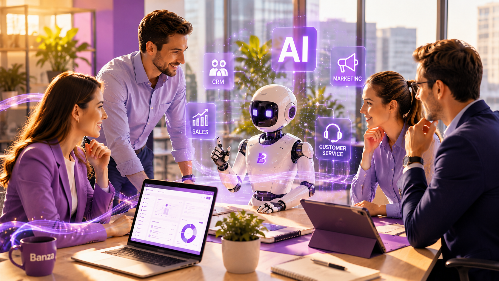 Главное изображение, демонстрирующее использование AI-управляемых CRM-систем, автоматизации процессов и клиентского сервиса для повышения эффективности продаж, маркетинга и операционной деятельности