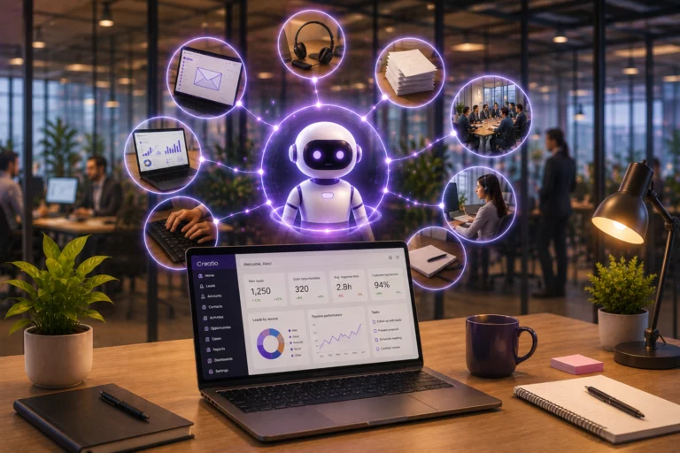 AI workforce ecosystem with AI agents, CRM workflows, and intelligent business process automation