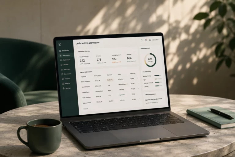 AI-powered insurance underwriting workspace with digital policy evaluation dashboard and automated risk assessment