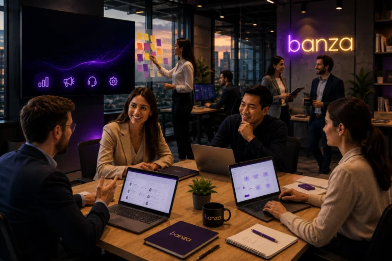 Banza team collaborating on AI workforce, AI-native CRM, and workflow automation solutions for enterprise businesses