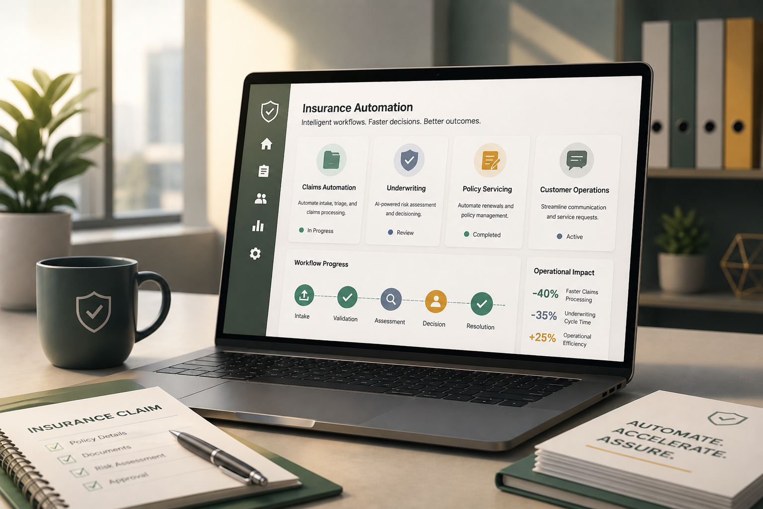 Insurance automation platform with AI-powered claims processing, underwriting workflows, and digital insurance operations dashboard