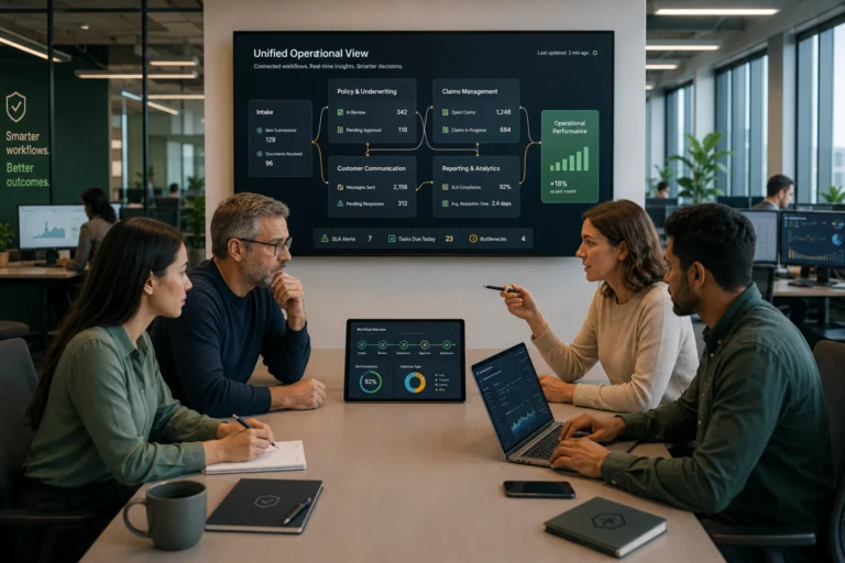 Insurance team collaborating with an AI-native CRM platform to manage claims, underwriting, customer communication, and connected insurance workflows
