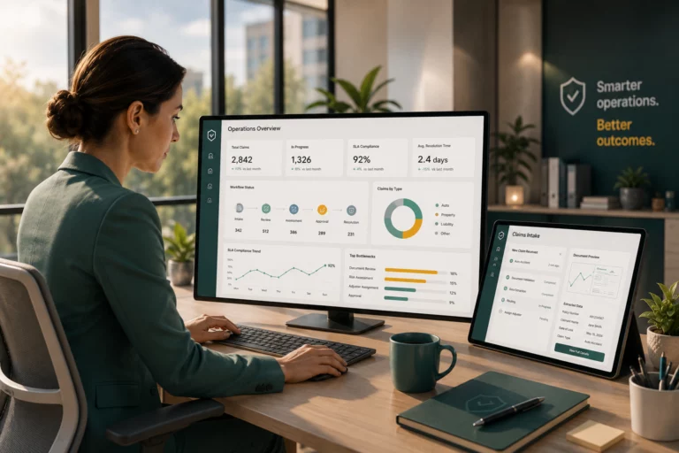 Insurance automation platform with AI-powered claims management, workflow orchestration, and operational analytics in a modern insurance office