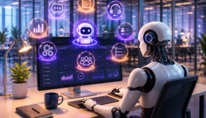 AI workforce concept featuring an AI assistant, intelligent automation, and AI-native CRM workflows