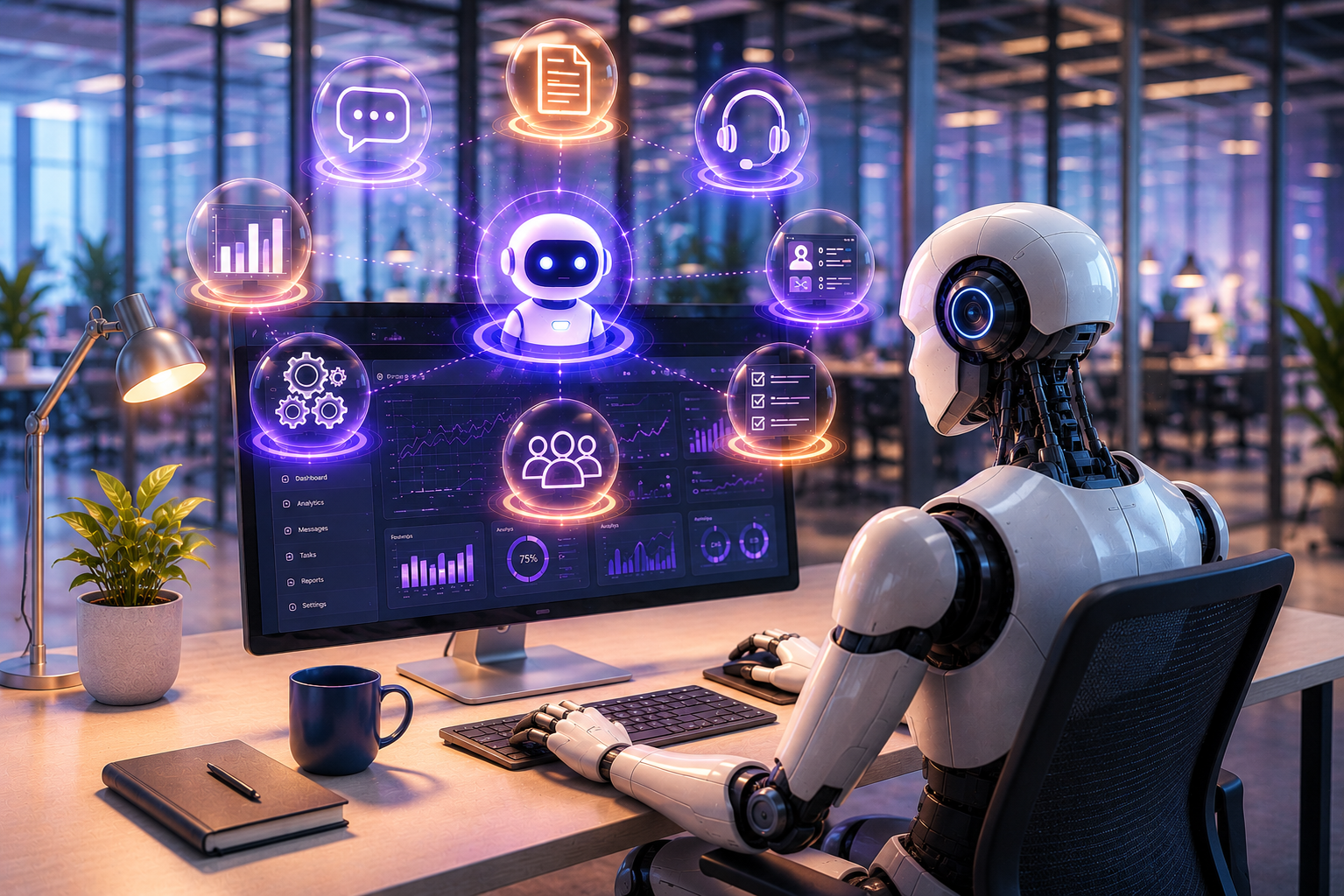 AI workforce concept featuring an AI assistant, intelligent automation, and AI-native CRM workflows