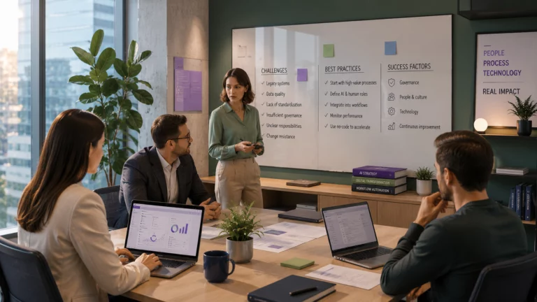 Financial services professionals collaborating on AI adoption strategy, governance, and workflow optimization in a modern enterprise office