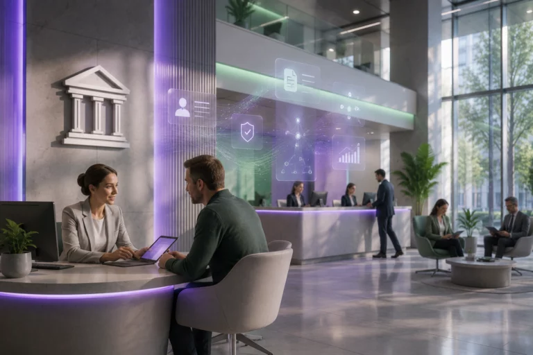 Modern bank branch where AI agents support customer service, document processing, compliance, and financial operations through intelligent workflow automation