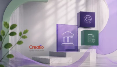 Abstract 3D illustration representing AI agents automating financial services operations, compliance workflows, and intelligent business processes using a modern purple, green, and gray color palette