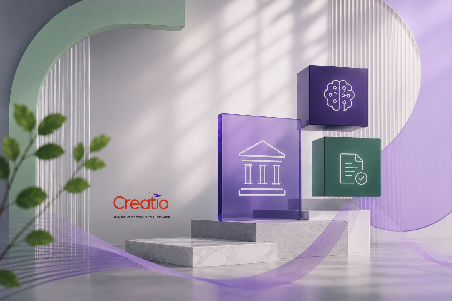 Abstract 3D illustration representing AI agents automating financial services operations, compliance workflows, and intelligent business processes using a modern purple, green, and gray color palette
