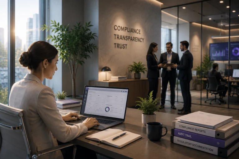Modern financial services compliance office where specialists use AI-powered workflow automation to streamline document verification, regulatory compliance, audit preparation, and operational governance