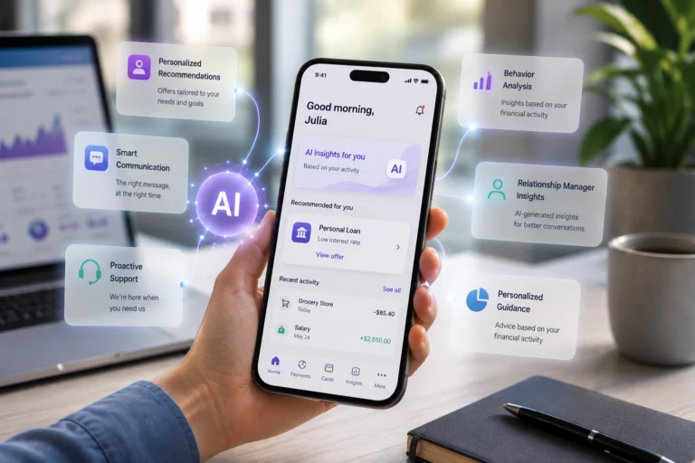 Customer using a mobile banking app enhanced by AI-driven personalization, delivering tailored financial recommendations, real-time insights, and personalized banking experiences