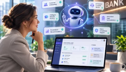 Bank employee using an AI-powered CRM with a virtual robot assistant for customer onboarding, request routing, case summarization, and personalized recommendations