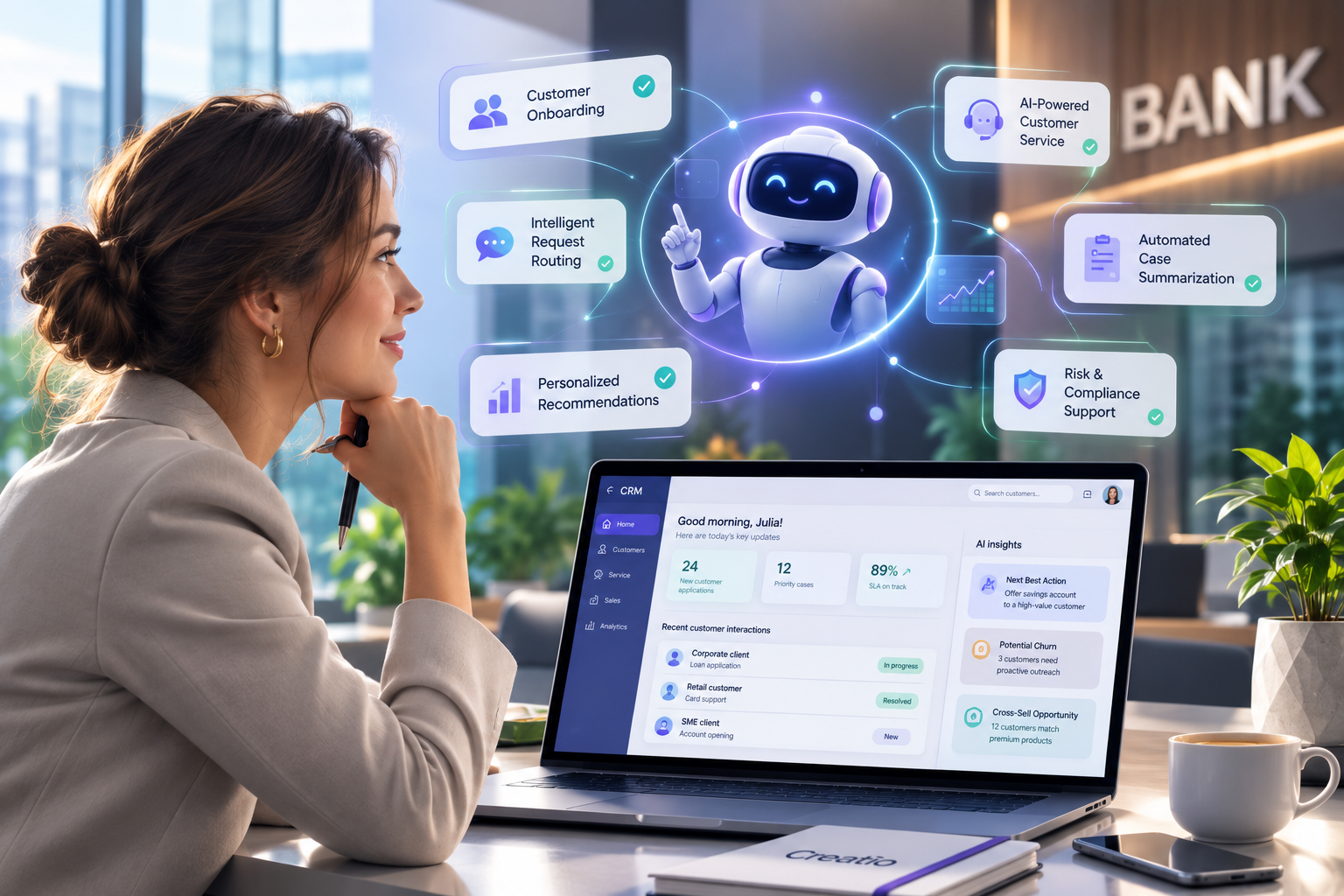 Bank employee using an AI-powered CRM with a virtual robot assistant for customer onboarding, request routing, case summarization, and personalized recommendations