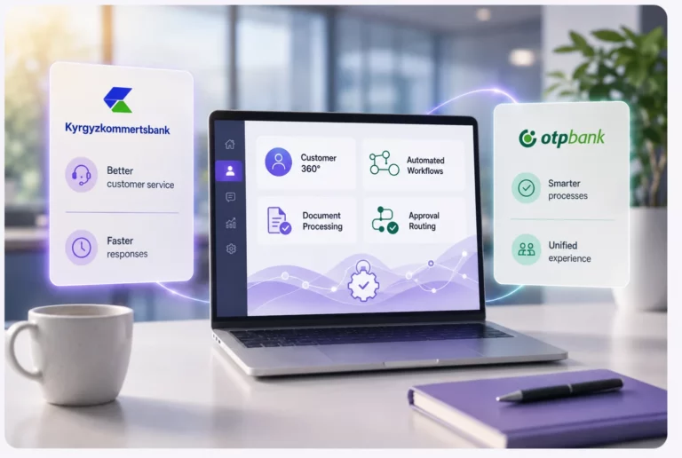 Modern CRM workspace highlighting successful AI-powered banking transformation projects for Kyrgyzkommertsbank and OTP Bank with unified customer service and process automation
